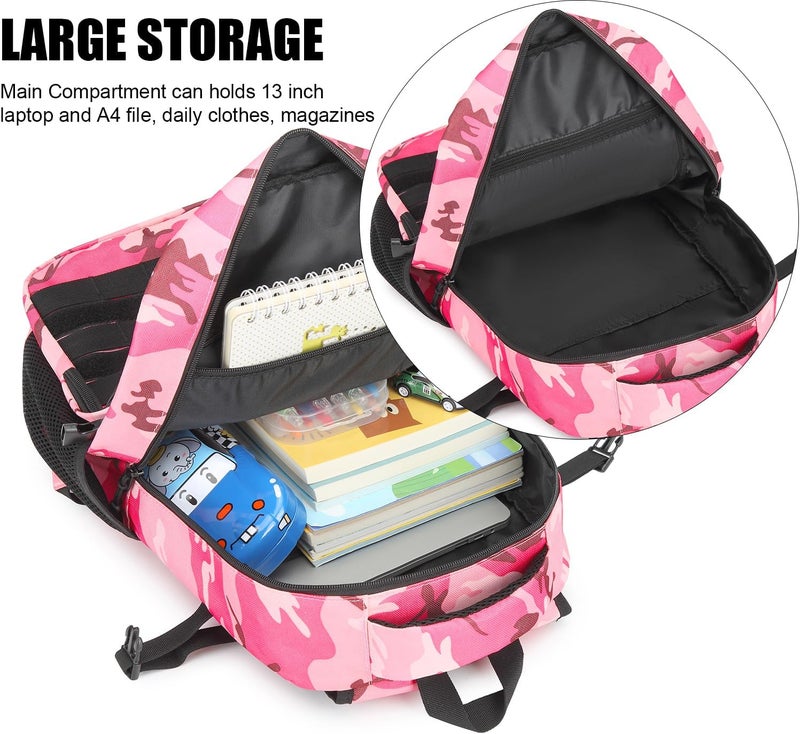 SunForMorning Kids Tactical Backpack Army Molle Bookbag Military Boys Backpack for School, Outdoor, Camping (Includes 2 Patches+1Carabiner), Pink CM - Image 4